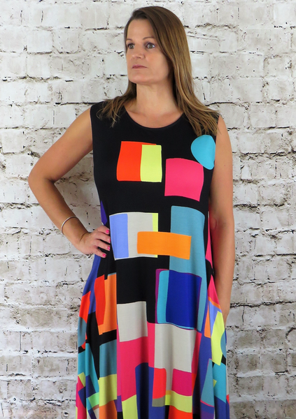 This sleeveless hem dress is made from a soft feel Jersey fabric, with a beautiful all over multi colour print. Perfect for any spring summer occasion, from a wedding to everyday wear. This dress will take you from day to night with effortless style and elegance.