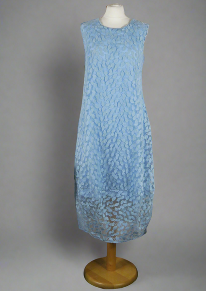This sleeveless dress is made from a beautiful blue leaf embroidery with a viscose lining. Perfect for any spring summer occasion, from a wedding - mother of the bride, mother of the groom and wedding guest to a party and everyday wear. This dress will take you from day to night with effortless style and elegance.