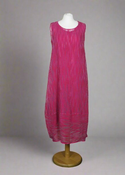 This sleeveless dress is made from a cerise sheer fabric with a beautiful all over stripe design, and a soft viscose lining. Perfect for any spring summer occasion, from a wedding - mother of the bride, mother of the groom and wedding guest to everyday wear. This dress will take you from day to night with effortless style and elegance. A matching shrug is available.