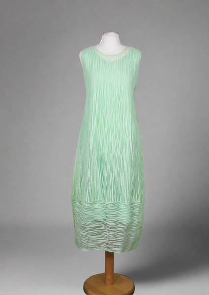 This sleeveless dress is made from a green sheer fabric with a beautiful all over stripe design, and a soft viscose lining. Perfect for any spring summer occasion, from a wedding - mother of the bride, mother of the groom and wedding guest to everyday wear. This dress will take you from day to night with effortless style and elegance. A matching shrug is available.